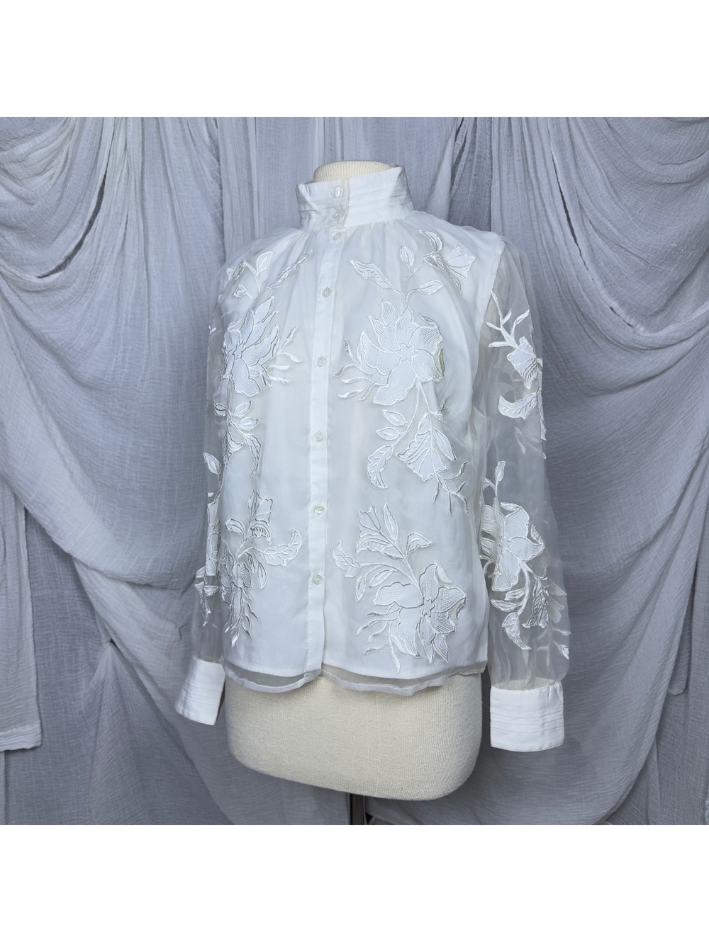 White Embroidered Sheer Sleeve Blouse - Picture 3 of 6